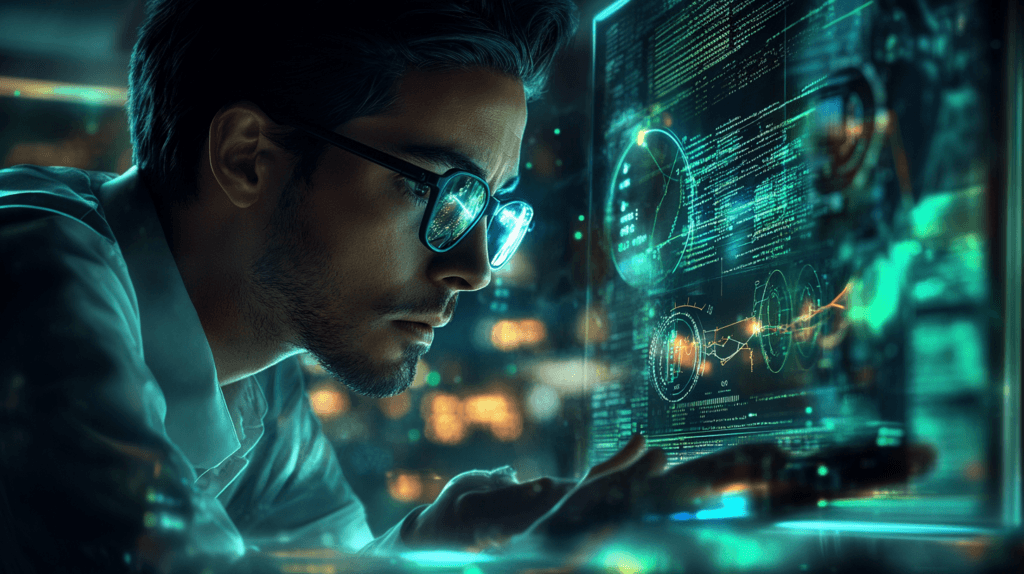 Hombre profesional de Ingeniería de Sistemas viendo la pantalla del portatil