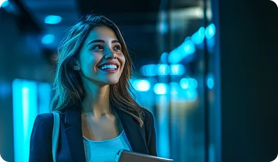 Estudiante de Administración Pública de la CUN sosteniendo unos cuadernos con el fondo de un pasillo