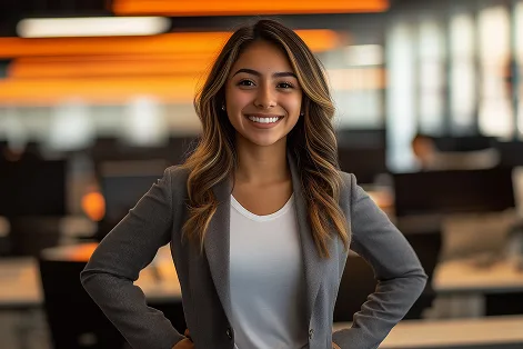 Especialista en Gerencia Financiera, con blazer gris, y un fondo de oficina corporativa