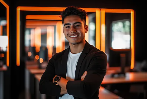 Estudiante de especialización en Gerencia Financiera, con chaqueta negra, con fondo de oficina