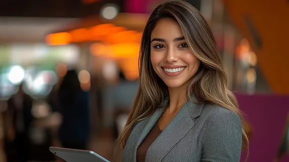Estudiante de la especialización Desarrollo Organizacional y Gestión del Talento Humano, viste traje gris, con fondo de oficina