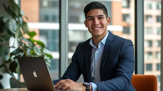 Egresado de la especialización en Desarrollo Organizacional y Gestión del Talento Humano, vistiendo traje, con fondo de oficina corporativa