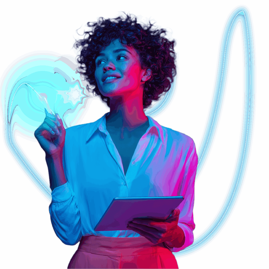 Mujer con tablet señalando un punto de luz azul con trazos luminosos, fondo transparente
