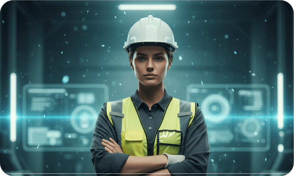 Especialista de Seguridad y Salud en el Trabajo con casco y chaleco reflectante en centro de datos frente a pantallas