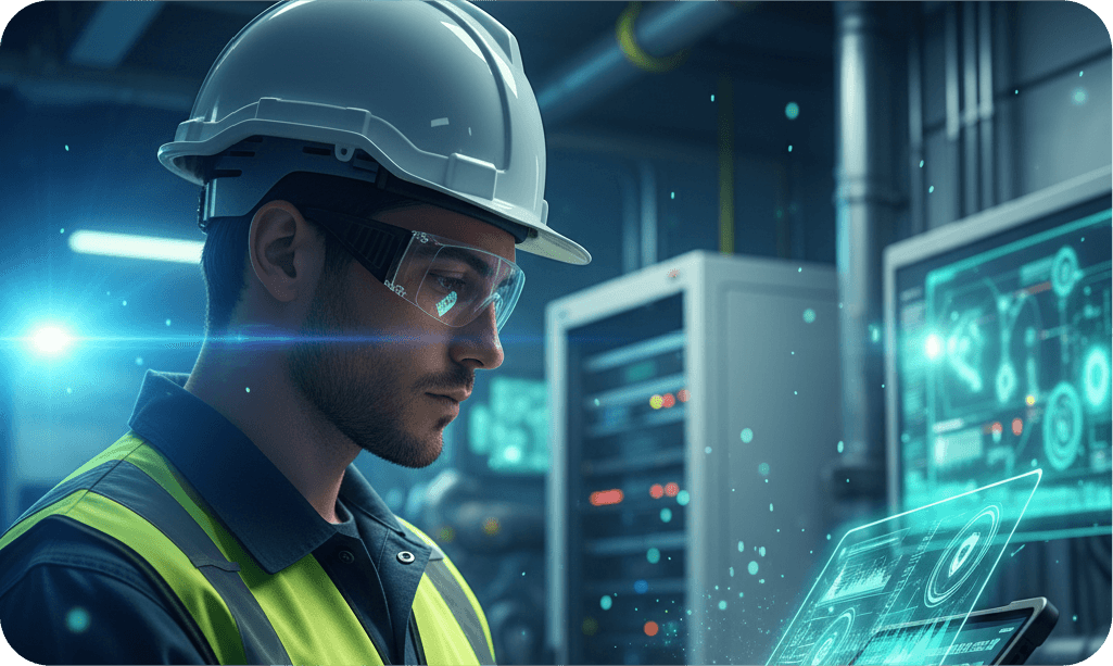 Estudiante de la especialización en Seguridad y Salud en el Trabajo, con casco y gafas trabajando en sala de servidores dentro de un centro de datos