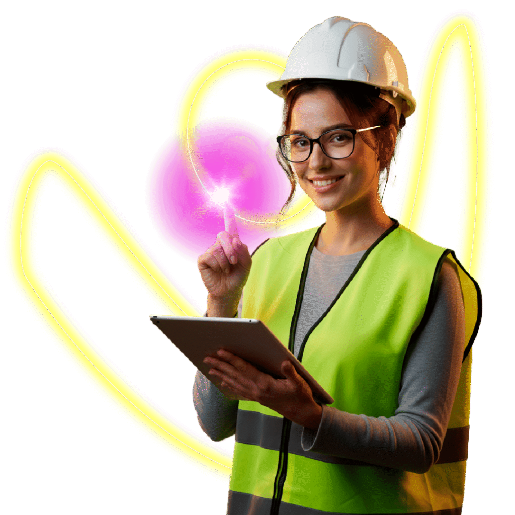 Ingeniera con casco y tablet señalando un trazo luminoso sobre fondo transparente.