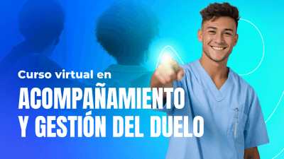 Profesional de la salud señalando hacia el frente con un destello de luz, junto al texto "Curso virtual en acompañamiento y gestión del duelo" sobre un fondo azul.