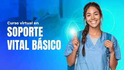 Profesional de la salud señalando hacia el frente con un destello de luz, junto al texto "Curso virtual en soporte vital básico" sobre un fondo azul.