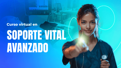 Profesional de la salud señalando hacia el frente con un destello de luz, junto al texto "Curso virtual en soporte vital avanzado" sobre un fondo azul.