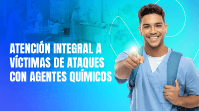 Profesional de la salud señalando hacia el frente con un destello de luz, junto al texto "Atención integral a víctimas de ataques con agentes químicos" sobre un fondo azul.
