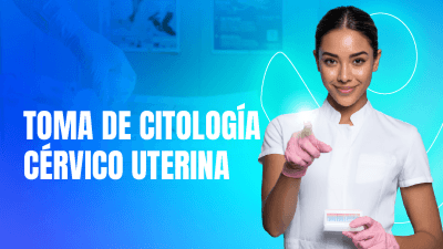 Profesional de la salud señalando hacia el frente con un destello de luz, junto al texto "Toma de citología cérvico uterina" sobre un fondo azul.