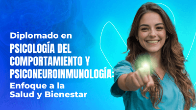 Especialista de la salud señalando una luz blanca y de fondo el texto "Psicología del Comportamiento y Psiconeuroinmunología"