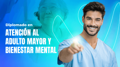 Especialista de la salud señalando una luz blanca y de fondo texto "atención al adulto mayor y bienestar mental"