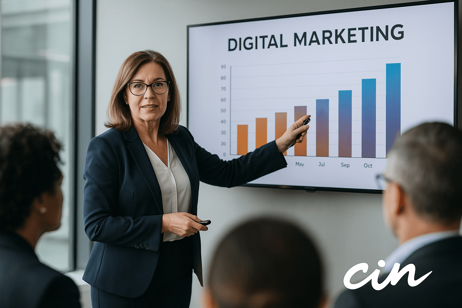 Especialista de Marketing Digital explicando plan de acción, representando las razones de estudiar Marketing Digital en la CUN