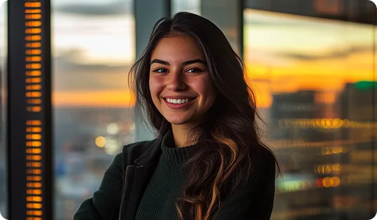 Estudiante de la Especialización en Gerencia de Proyectos de la CUN, con blazer negro, con fondo de paisaje urbanístico
