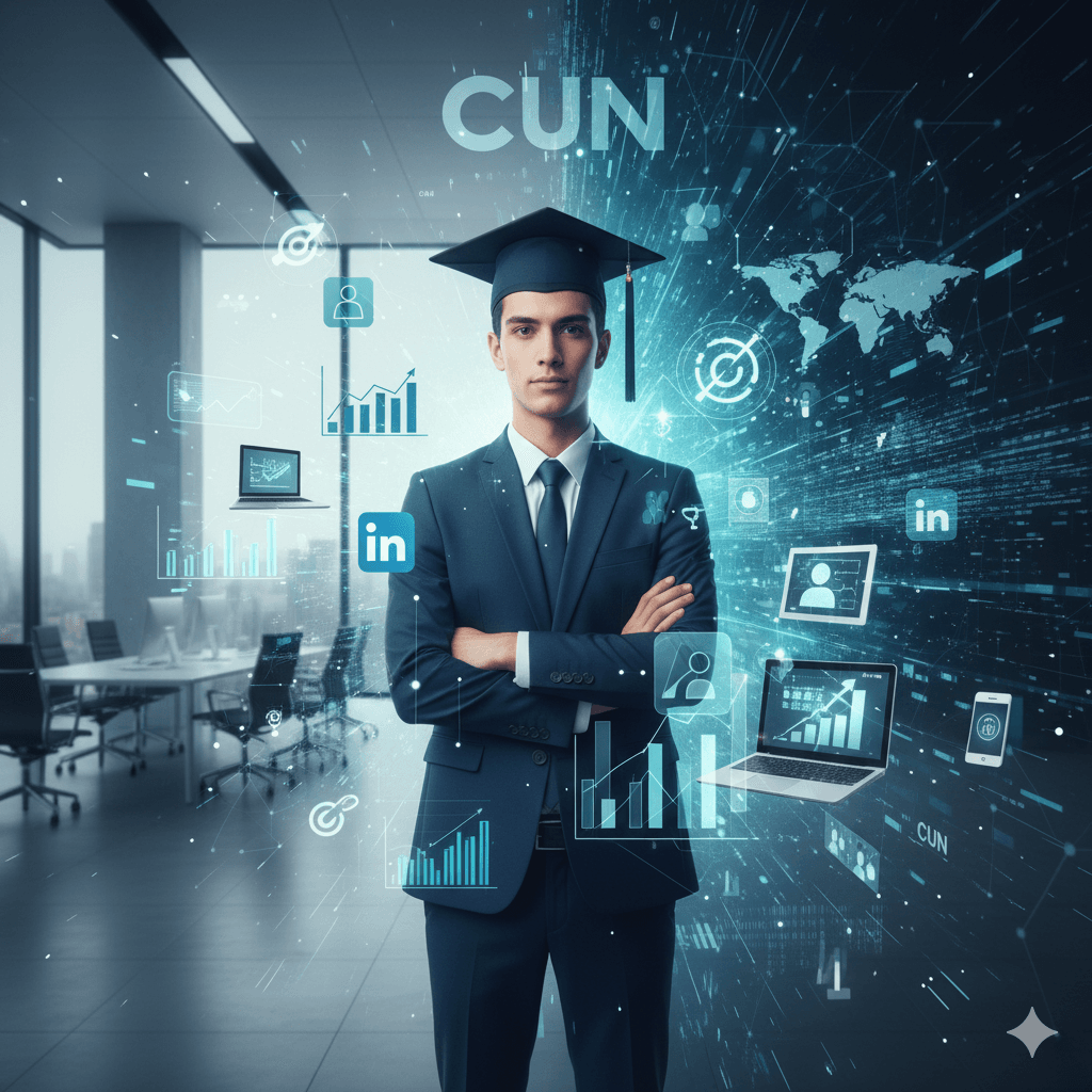 Estudiante de la especialización en Transformación Digital, cruzado de brazos, con fondo de de oficina