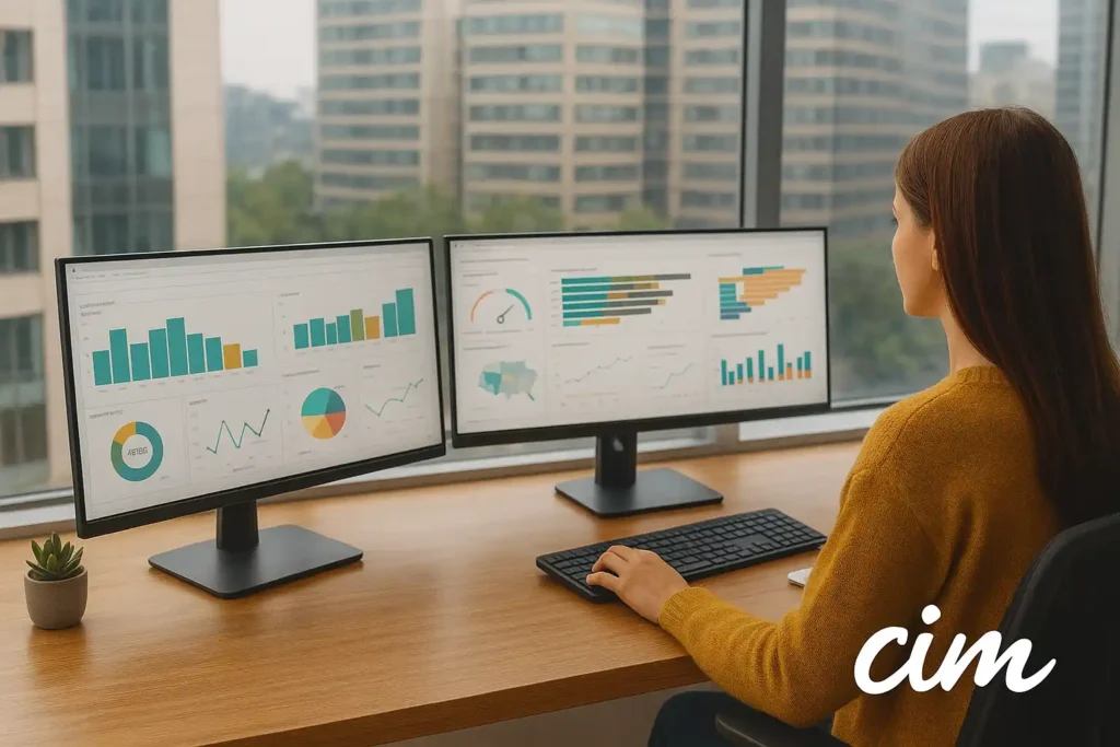 Especialista de Inteligencia de Negocios de la CUN, revisando unas bases de Power BI en su escritorio, de fondo un paisaje urbanístico