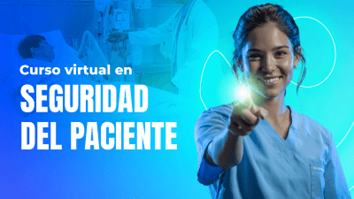 Profesional de la salud señalando hacia el frente con un destello de luz, junto al texto "Curso virtual en seguridad del paciente" sobre un fondo azul.