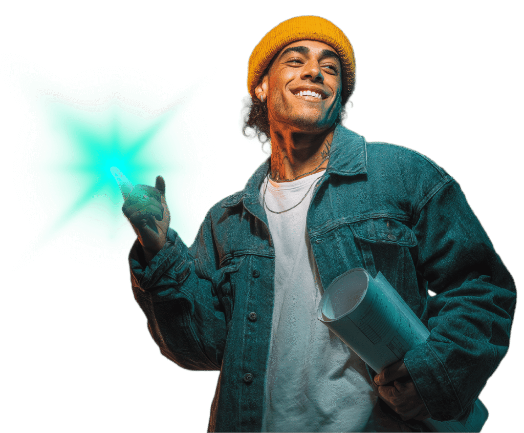 Estudiante con plano y luz verde, fondo con bocetos técnicos