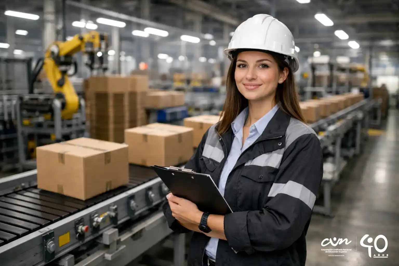 Mujer profesional de Ingeniería Industrial de la CUN, con casco de protección, y de fondo una fábrica industrial